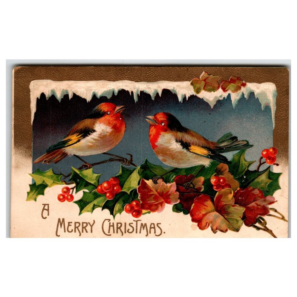 1910 Christmas Postcard Two Birds Holly Berries International Art Co. Posted